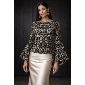 Alice + Olivia Baska Regal Boat-Neck Bell-Sleeve Damask Blouse| Size 4